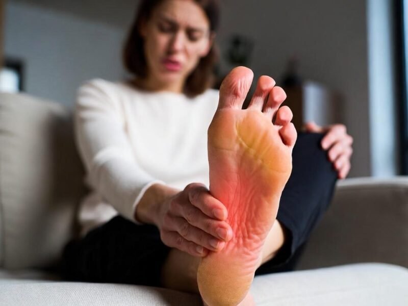Woman sitting on a couch pressing her thumb into the red-highlighted sole of her foot.