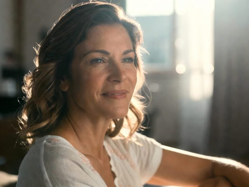 Portrait of a middle-aged woman with soft backlit window light and a serene expression.