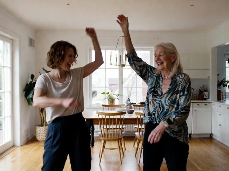 Elderly woman and younger woman dancing joyfully together in a bright modern Scandinavian-style living room.