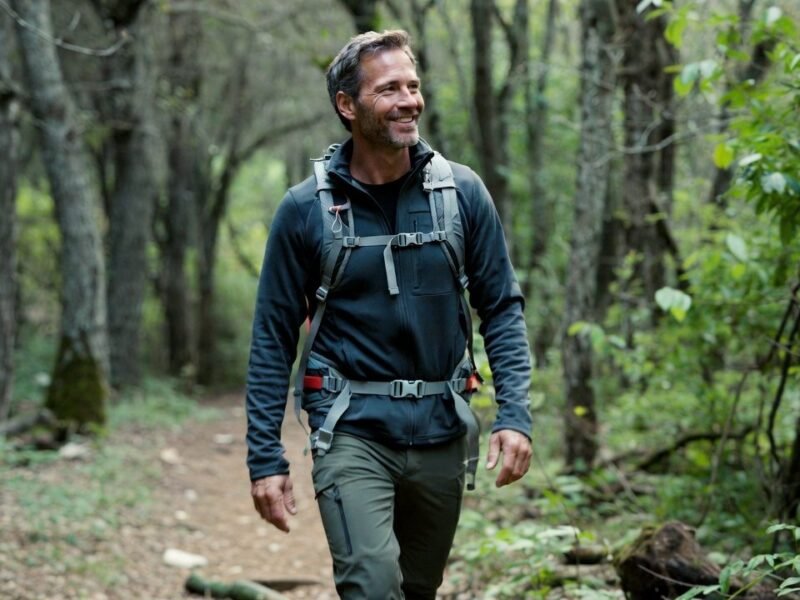 Middle-aged man hiking through a forested trail with a backpack, smiling.
