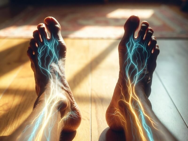 Two bare feet rest on a wooden floor with glowing blue and gold energy lines overlaid to suggest nerve pain.