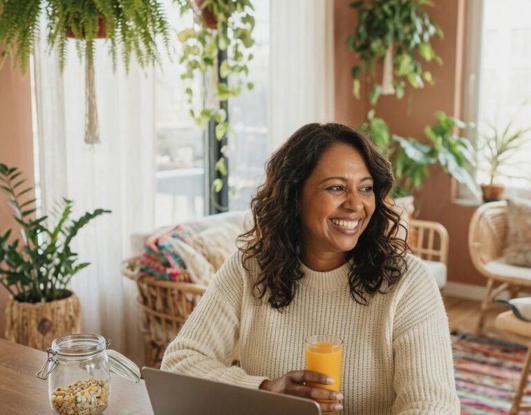 A smiling woman with curly hair sits at a desk in a colorful boho living room, holding juice and using a laptop.
