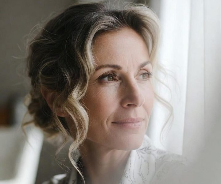 Portrait of a middle-aged woman gazing out a window with soft natural light.
