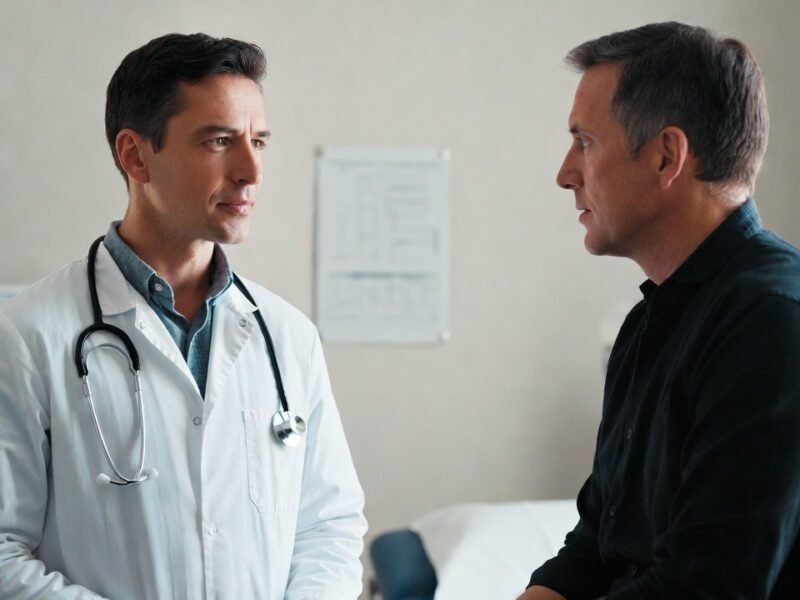 Doctor in white coat with stethoscope facing a middle-aged male patient in a clinic hallway.