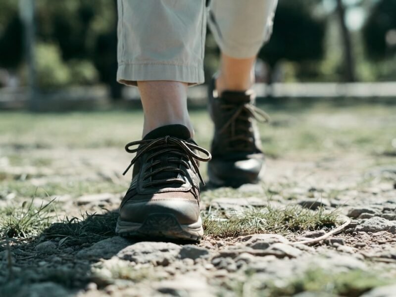 Close-up of lower legs and trail shoes walking on a rocky dirt path outdoors.