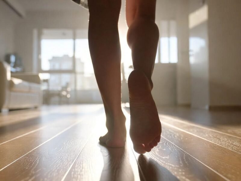 Backlit silhouette of bare feet and legs walking on a hardwood floor toward a window.