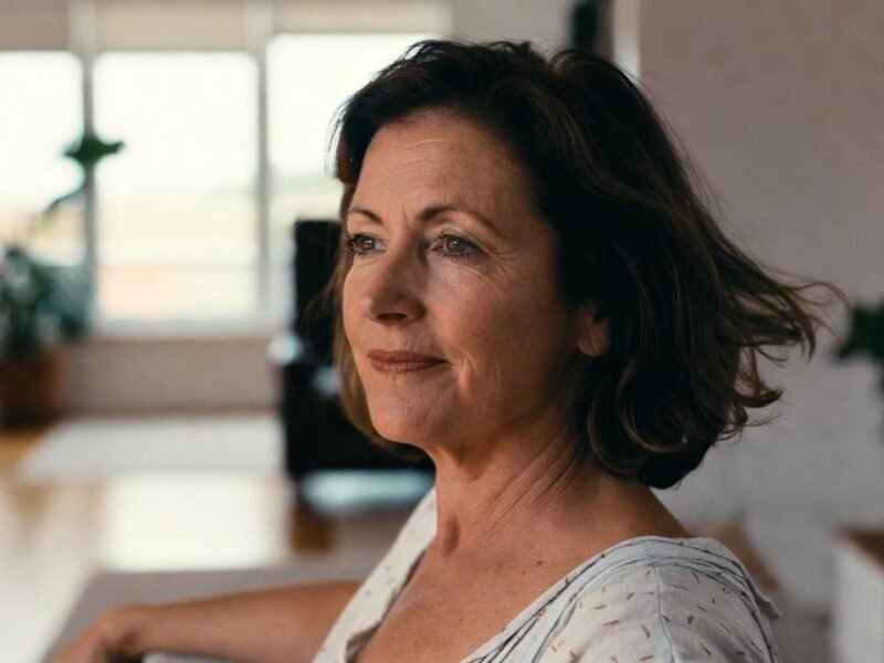 A middle-aged woman with brown hair smiles softly in a warmly lit home interior.