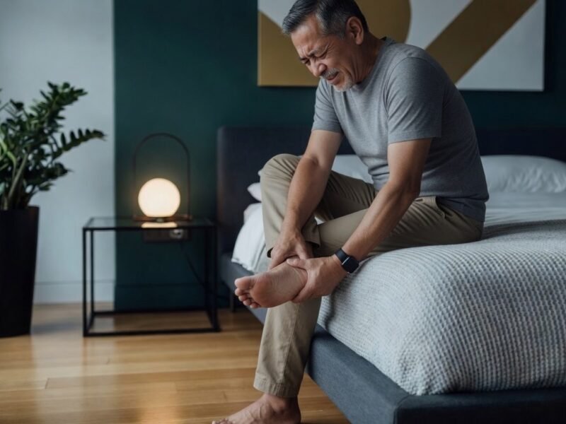A middle-aged man sits on the edge of a bed in a modern bedroom, grimacing while holding his foot.