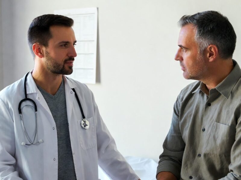 Doctor with stethoscope speaking with a male patient in a clinical exam room.